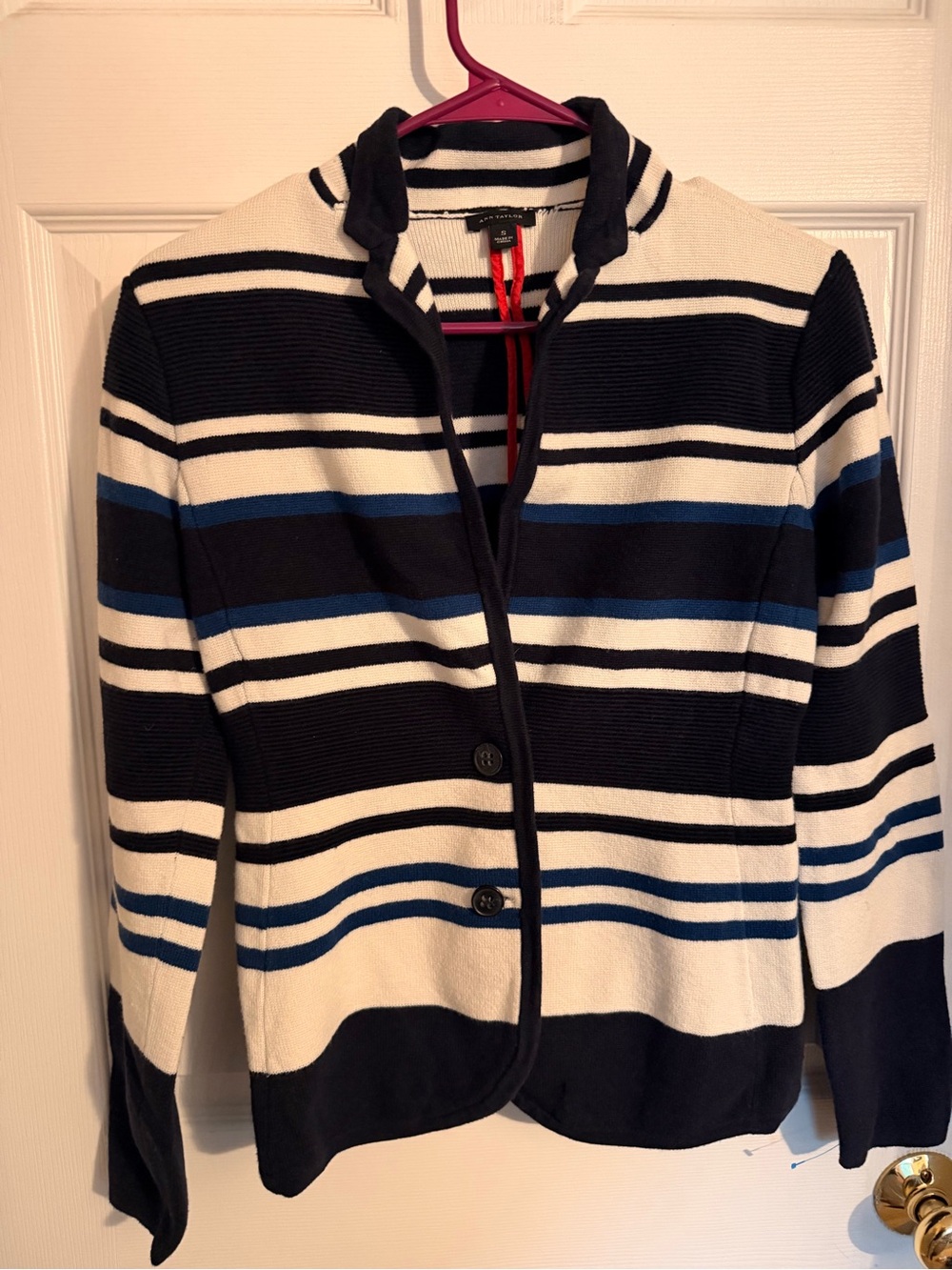 Ann Taylor Navy, White & Black Striped Cardigan Blazer